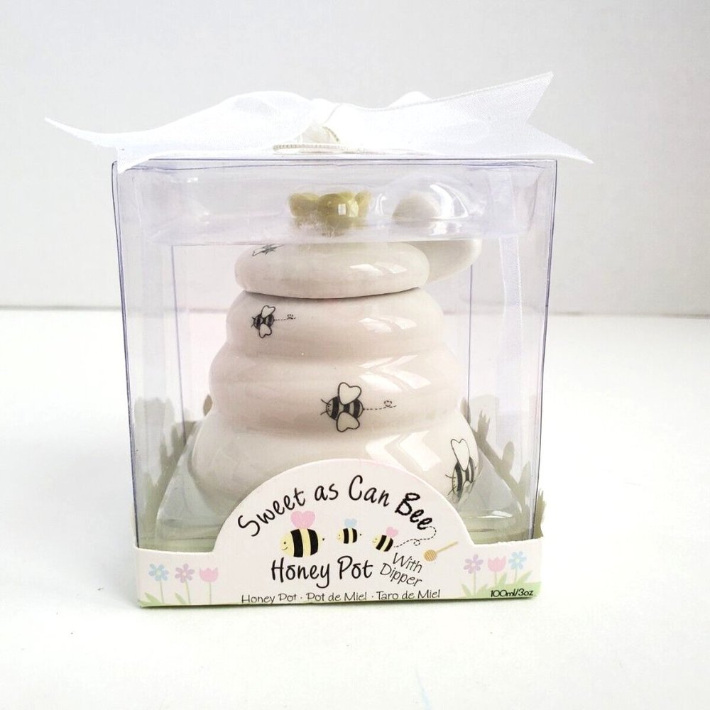 “Sweet As Can Bee” Ceramic Honey Pot w/ Wooden Dipper By Kate Aspen~ New in Box